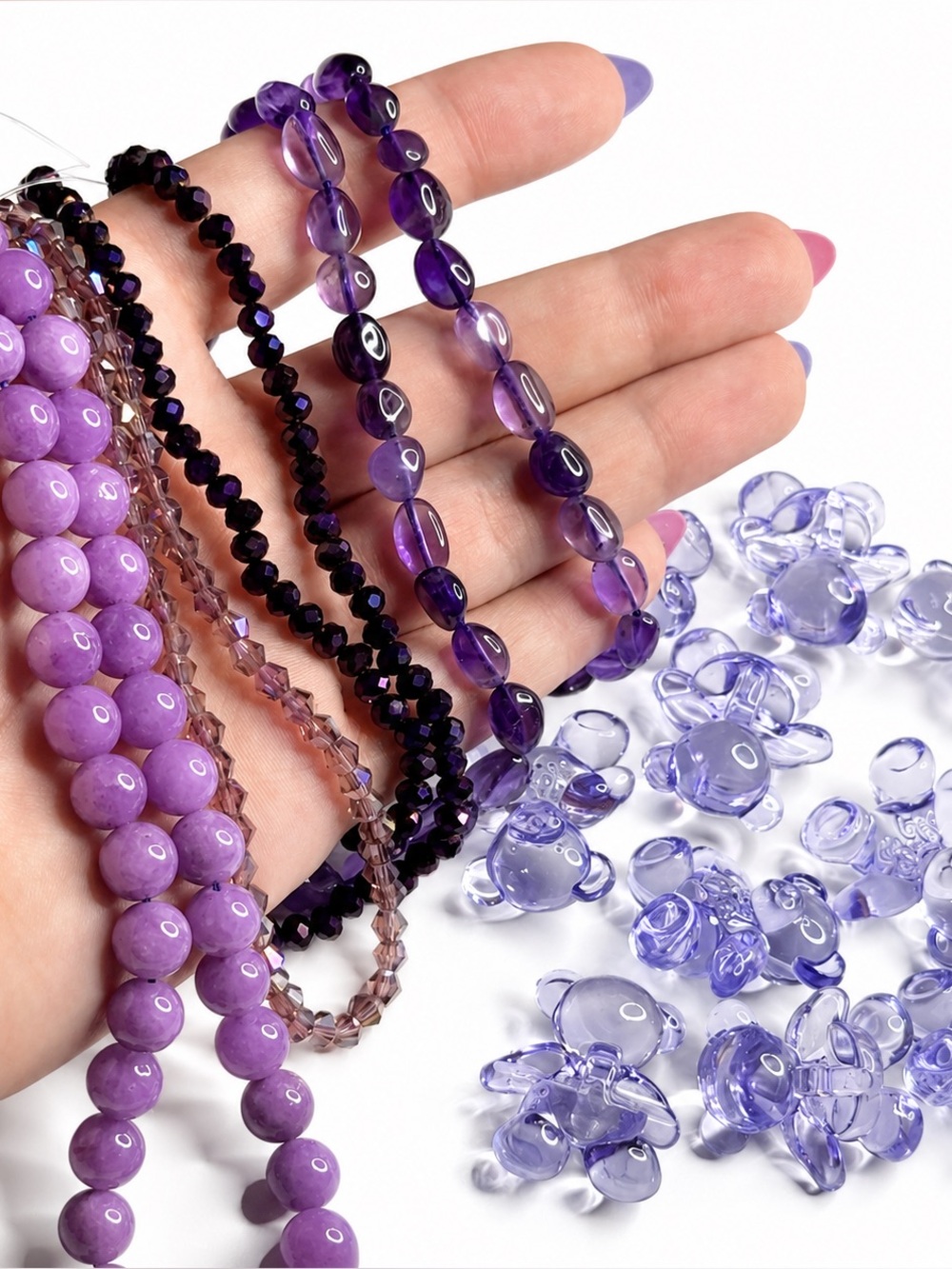 Purple Jewelry Bead Strands Lepidolite Glass and Acrylic